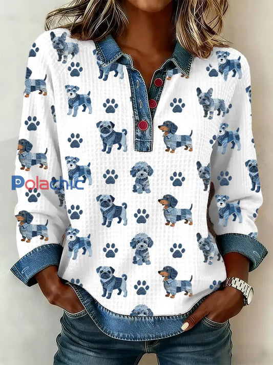 Lovely Dog Pattern Denim Patchwork Top des femmes Blanc / S