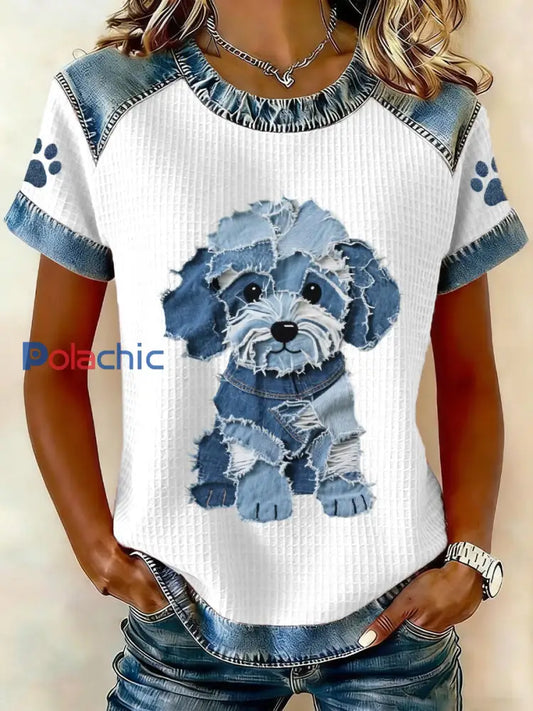Lovely Dog Pattern Denim Patchwork Top des femmes Blanc / S