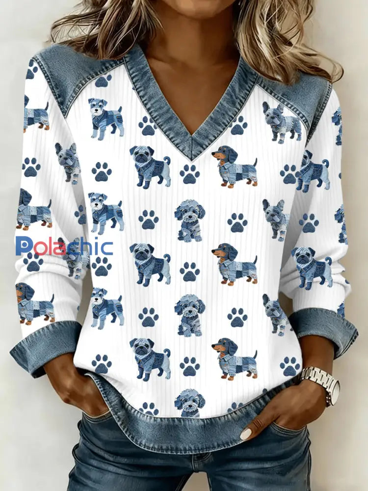 Lovely Dog Pattern Denim Patchwork V-Neck Top des femmes Blanc / S