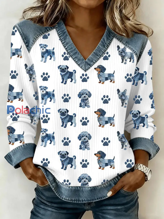 Lovely Dog Pattern Denim Patchwork V-Neck Top des femmes Blanc / S