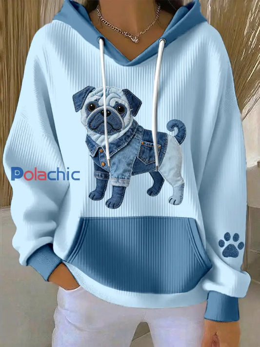 Lovely Pug Dog Denim Patchwork Sweat à capuche pour femmes Bleu / S