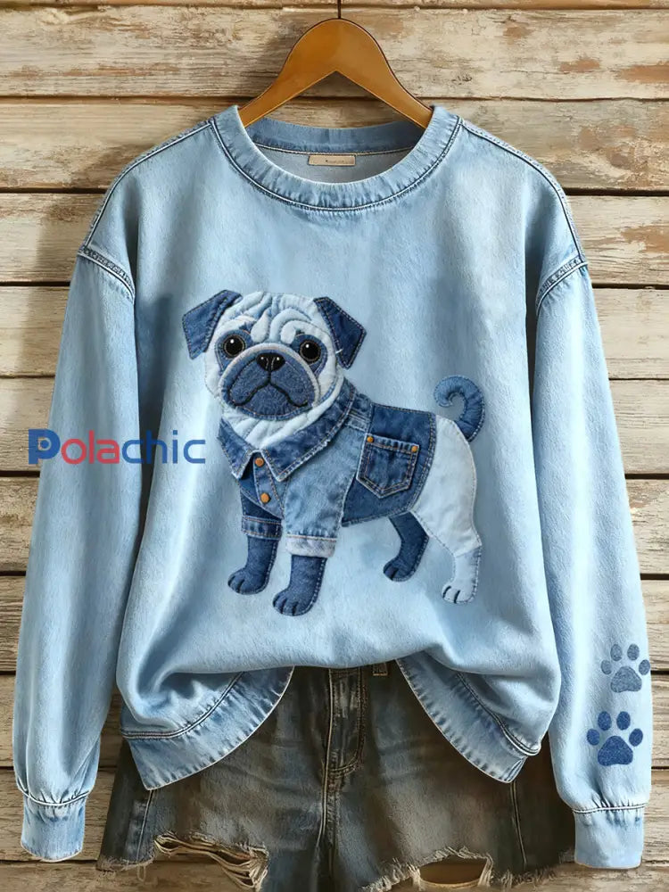 Lovely Pug Dog Denim Patchwork Sweatshirt Femme Bleu / S