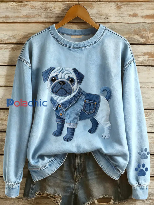 Lovely Pug Dog Denim Patchwork Sweatshirt Femme Bleu / S