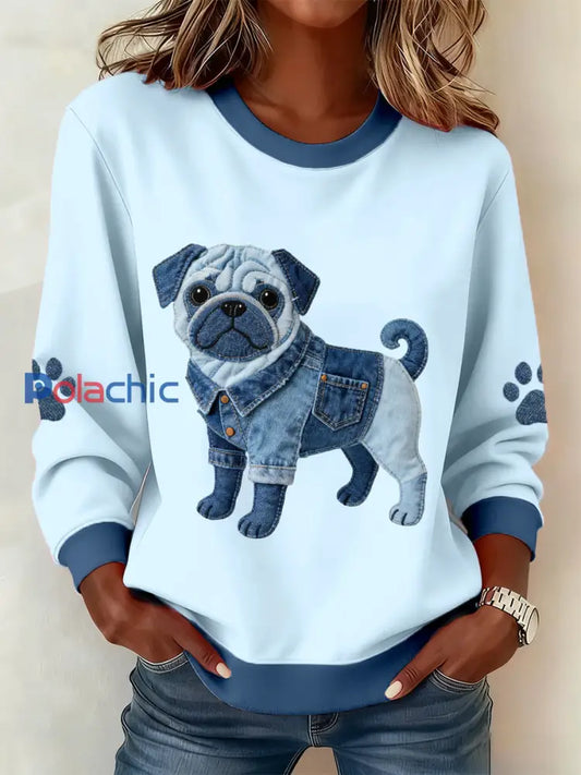 Lovely Pug Dog Denim Patchwork Sweatshirt Femme Bleu / S