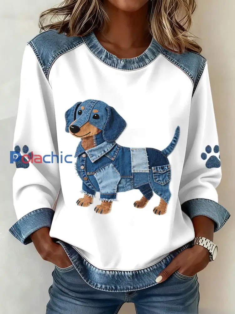 Lovely Teckel Pattern Denim Patchwork Sweatshirt des femmes Blanc / S