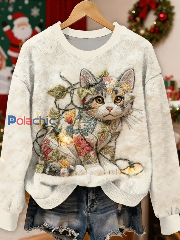 Magnifique motif de chat de Noël Casual Sweat-shirt à manches longues comme image / S
