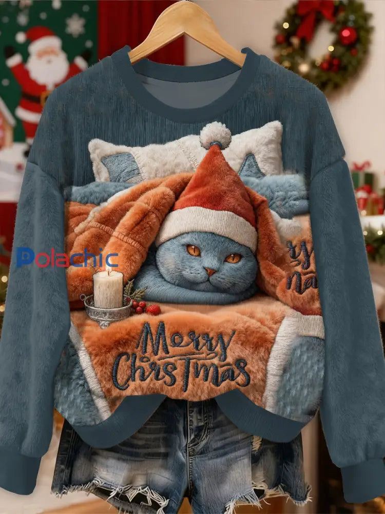 Magnifique motif de chat de Noël Casual Sweat-shirt à manches longues comme image / S