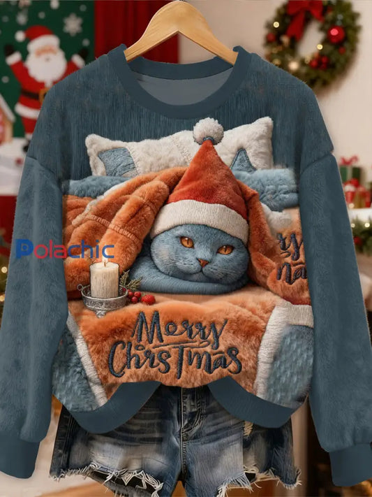 Magnifique motif de chat de Noël Casual Sweat-shirt à manches longues comme image / S