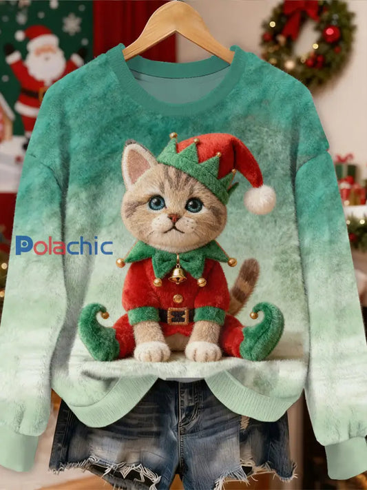 Magnifique motif de chat de Noël Casual Sweat-shirt à manches longues comme image / S