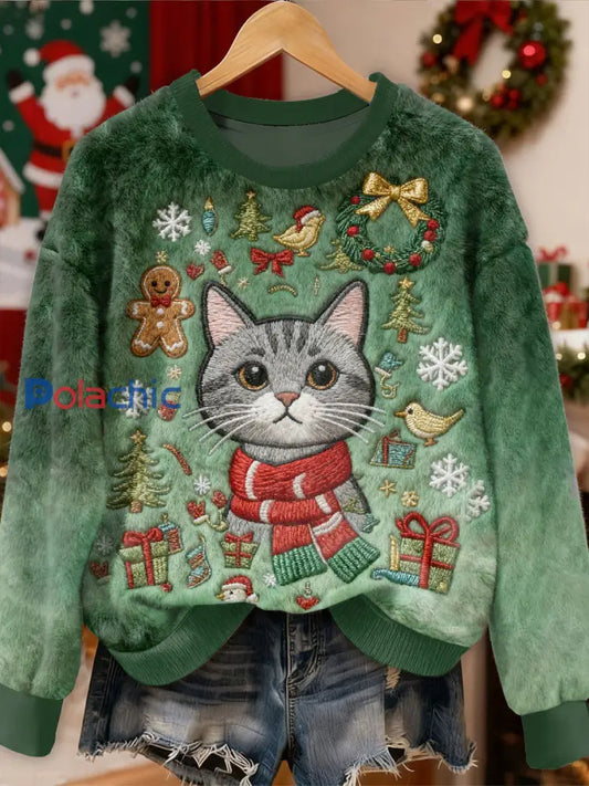 Magnifique motif de chat de Noël Casual Sweat-shirt à manches longues comme image / S