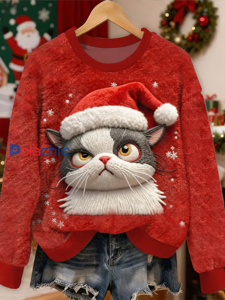 Magnifique motif de chat de Noël Casual Sweat-shirt à manches longues comme image / S