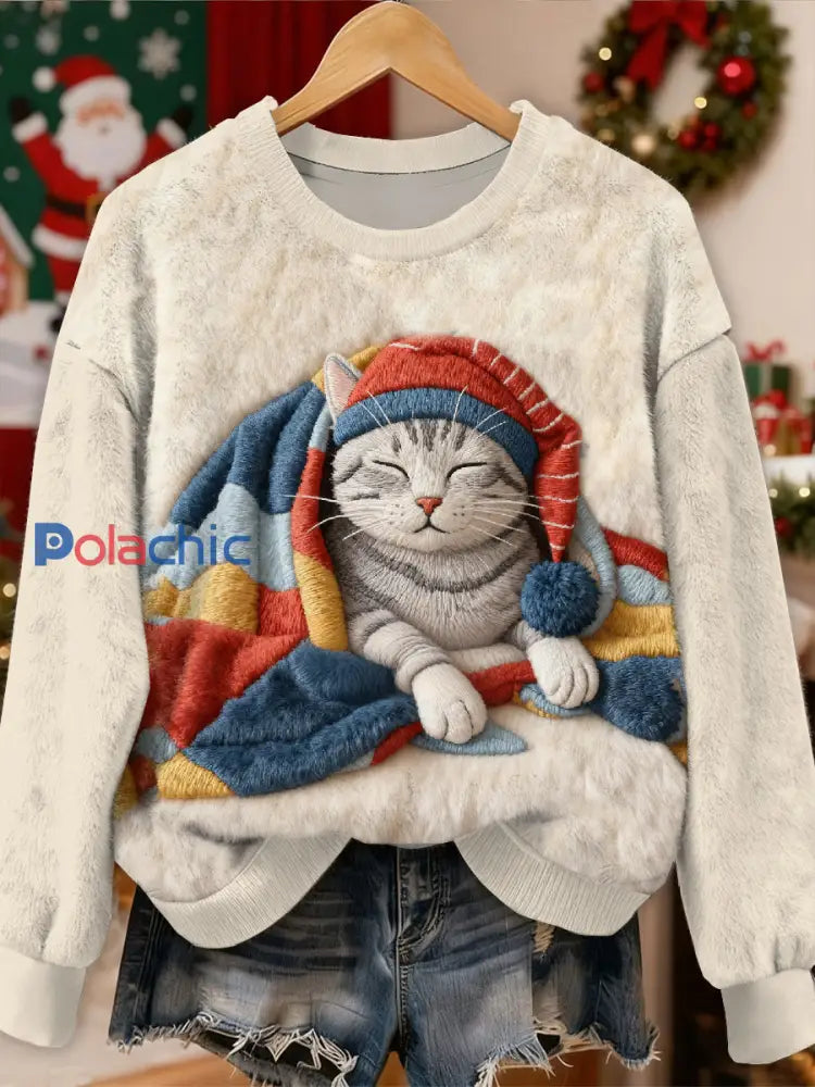 Magnifique motif de chat de Noël Casual Sweat-shirt à manches longues comme image / S