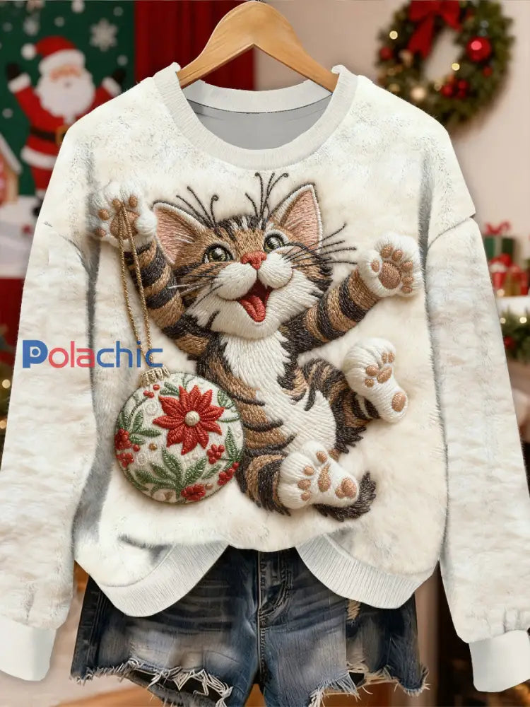 Magnifique motif de chat de Noël Casual Sweat-shirt à manches longues comme image / S