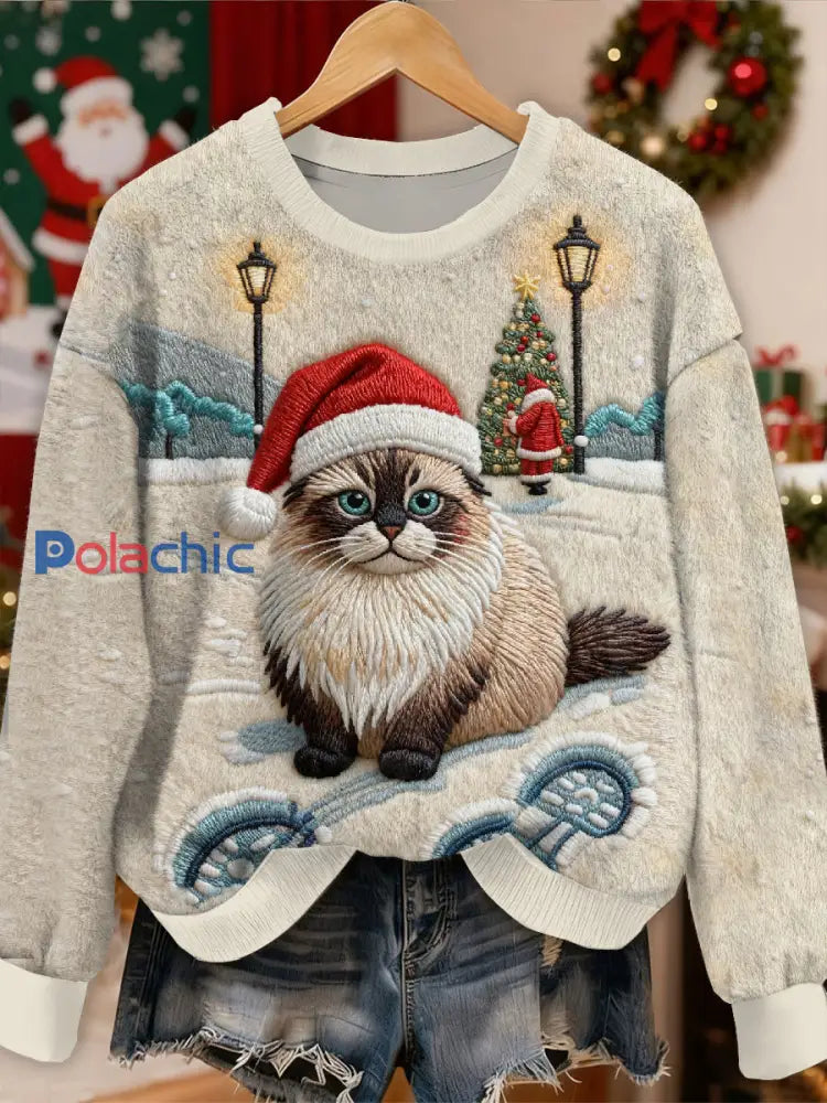 Magnifique motif de chat de Noël Casual Sweat-shirt à manches longues comme image / S