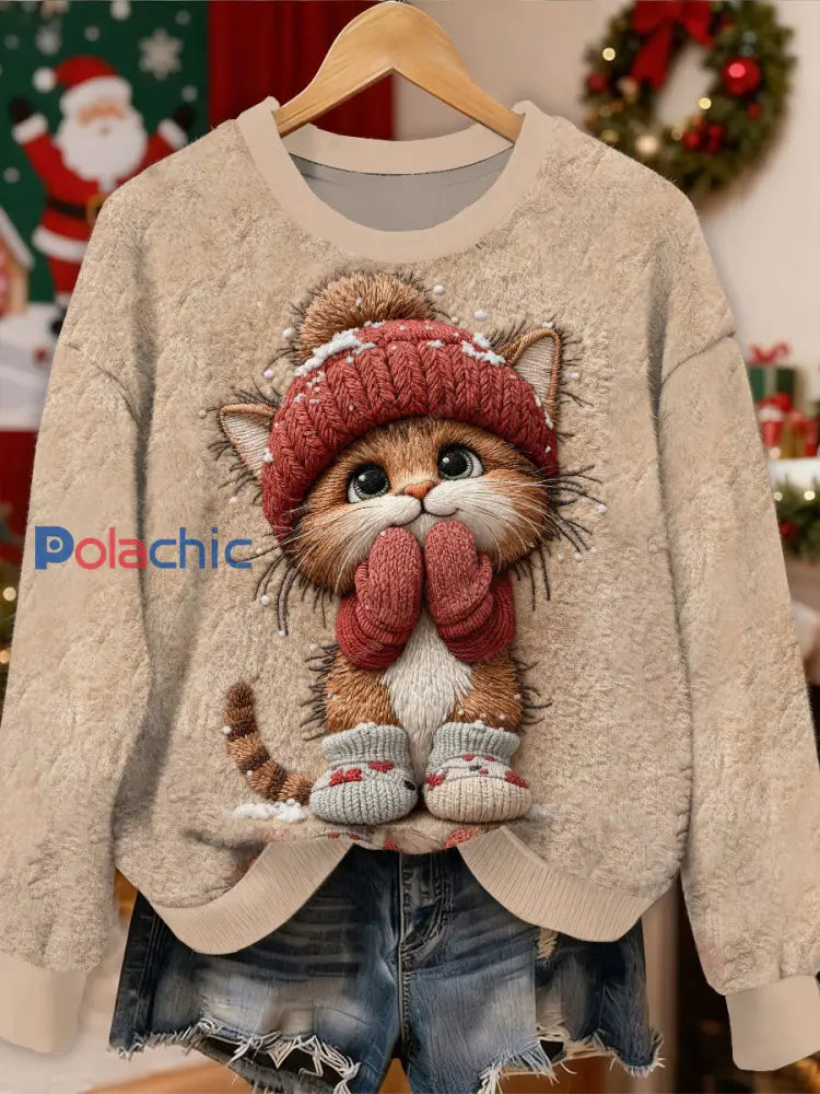 Magnifique motif de chat de Noël Casual Sweat-shirt à manches longues comme image / S