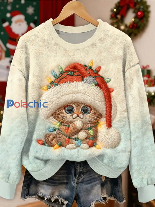 Magnifique motif de chat de Noël Casual Sweat-shirt à manches longues comme image / S