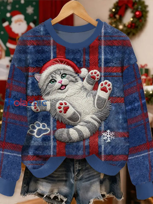 Magnifique motif de chat de Noël Casual Sweat-shirt à manches longues comme image / S
