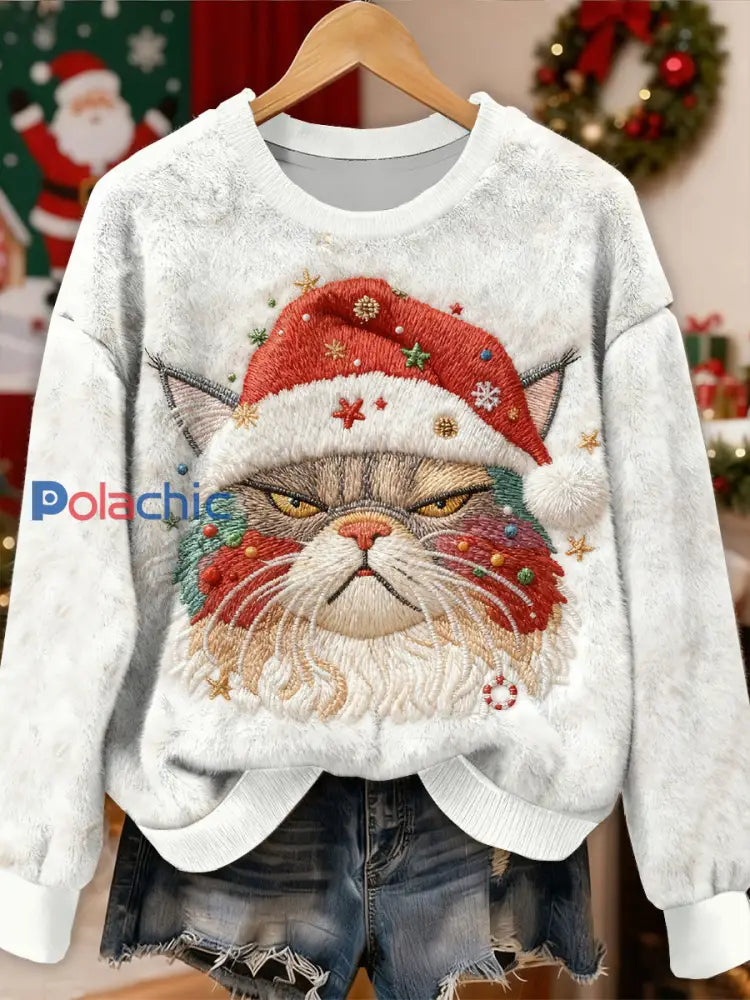 Magnifique motif de chat de Noël Casual Sweat-shirt à manches longues comme image / S