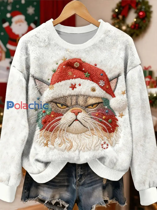 Magnifique motif de chat de Noël Casual Sweat-shirt à manches longues comme image / S