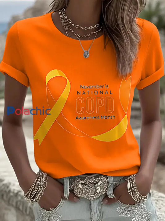 Maladie pulmonaire obstructive chronique des femmes imprimé mode Vintage lâche T-shirt à manches courtes Orange / S