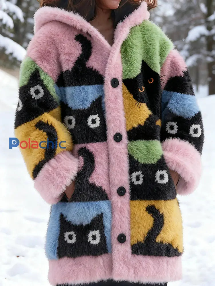 Manteau à capuche en peluche mi-long décontracté à imprimé chat mignon pour femmes Rose / S