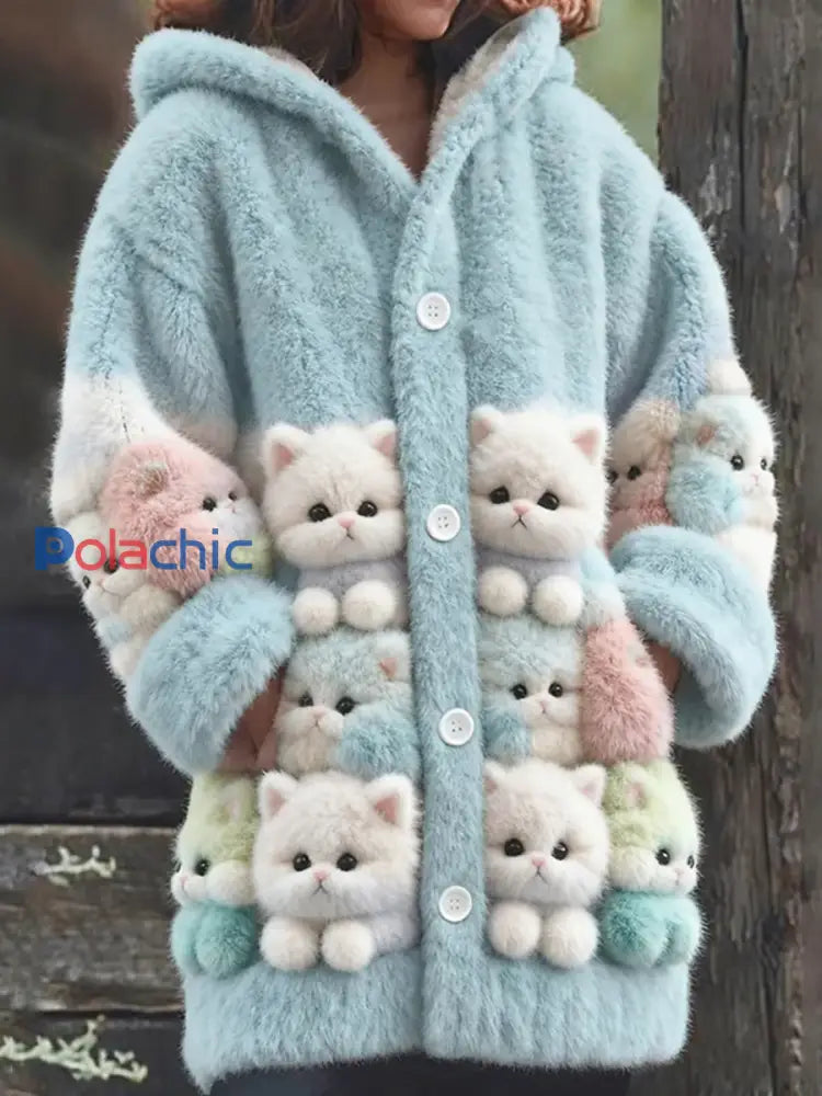 Manteau à capuche en peluche mi-long à imprimé de chats mignons pour femmes Bleu clair / S
