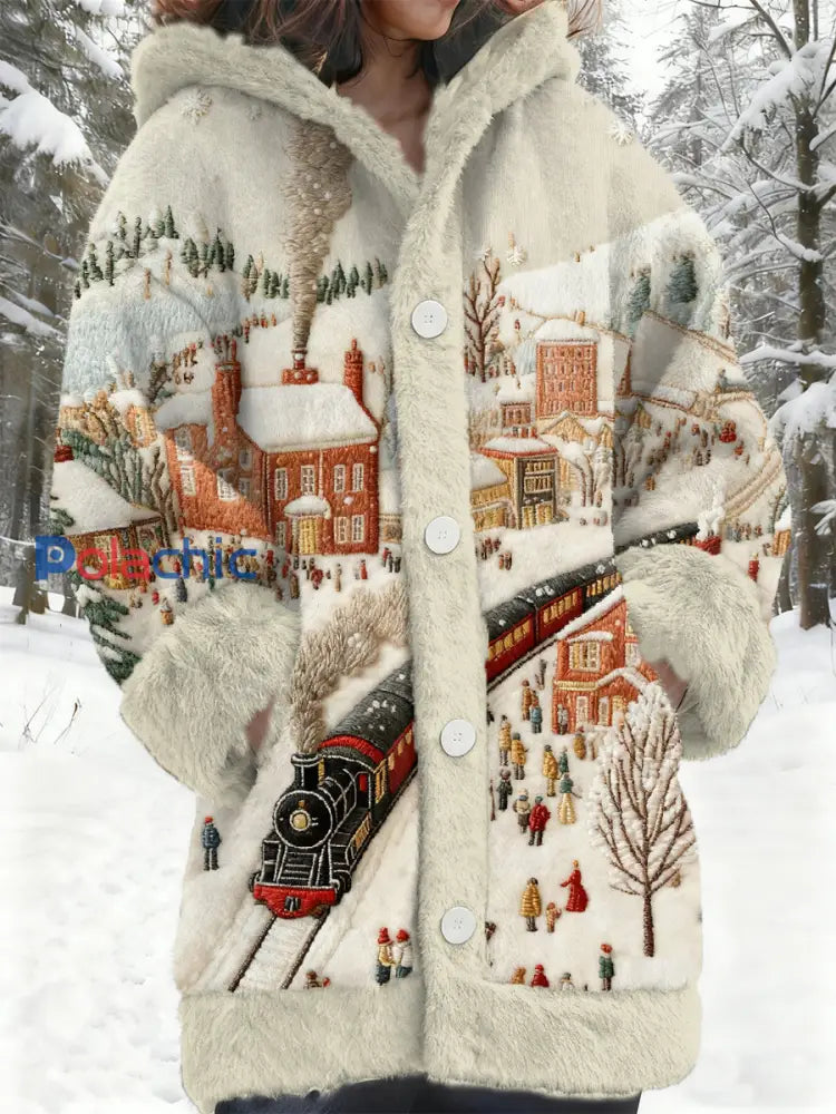 Manteau à motif de scène de neige de Noël en flanelle pour femmes comme image / S