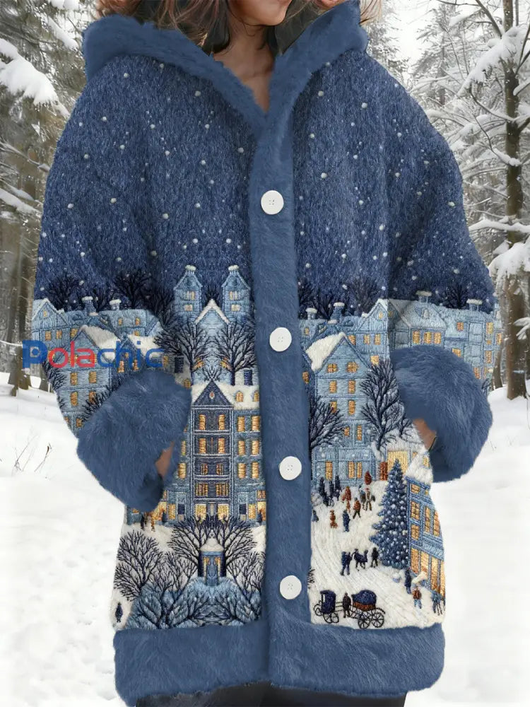 Manteau à motif de scène de neige de Noël en flanelle pour femmes comme image / S