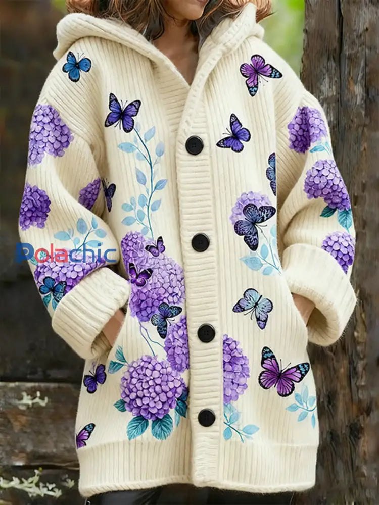 Manteau long en molleton composite à imprimé floral violet vintage pour femme Blanc Crémeux / S