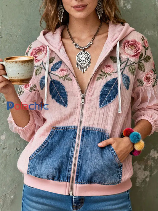 Manteau zippé imprimé floral sensibilisation au cancer du sein pour femmes Rose / S