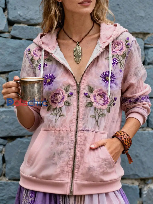 Manteau zippé imprimé floral sensibilisation au cancer du sein pour femmes Rose / S