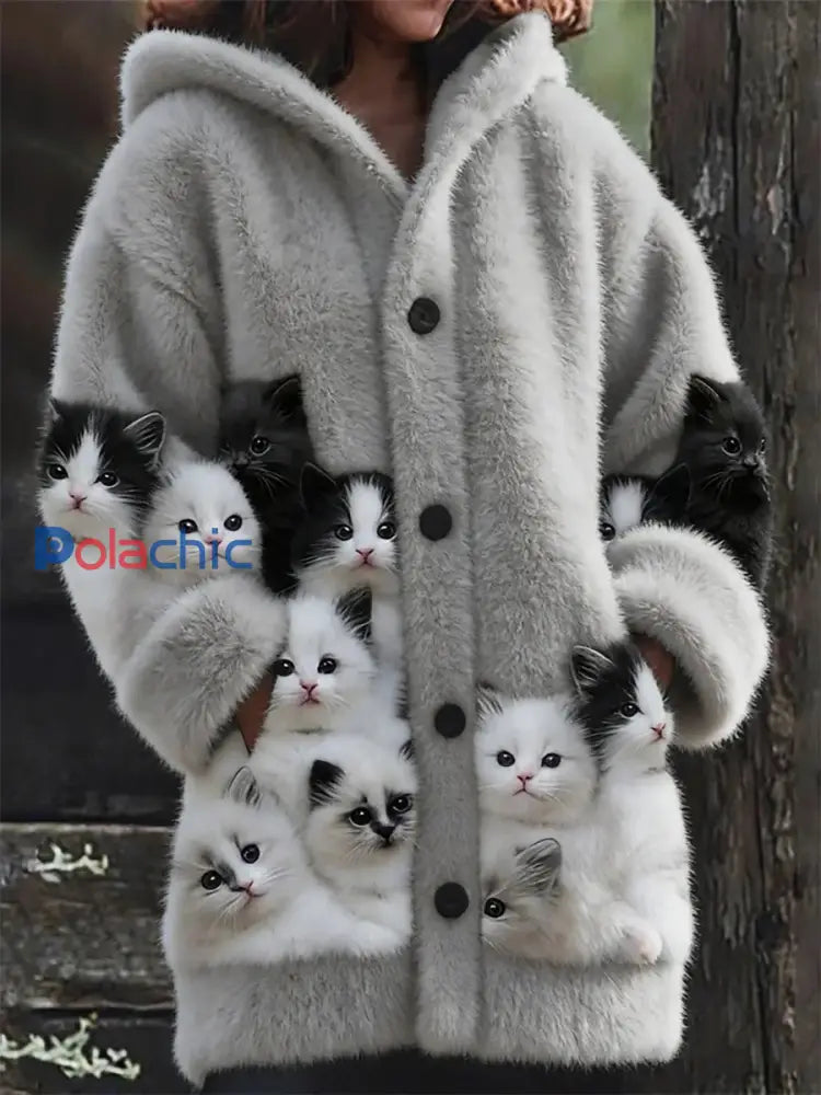 Manteaux mignons de chats d’impression de la flanelle des femmes comme image / S