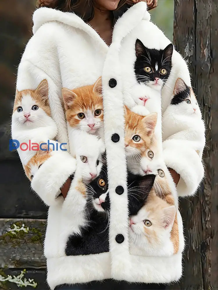 Manteaux mignons de chats d’impression de la flanelle des femmes comme image / S