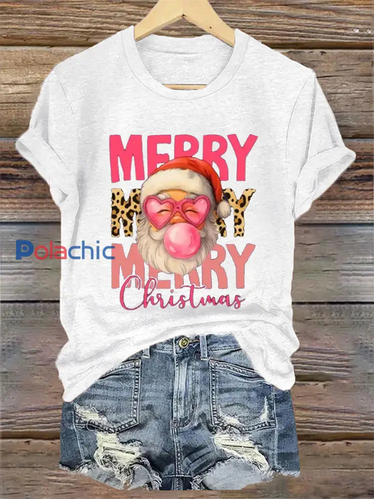 Merry Christmas Santa Claus Print Casual Tee-shirt pour femmes Blanc / S