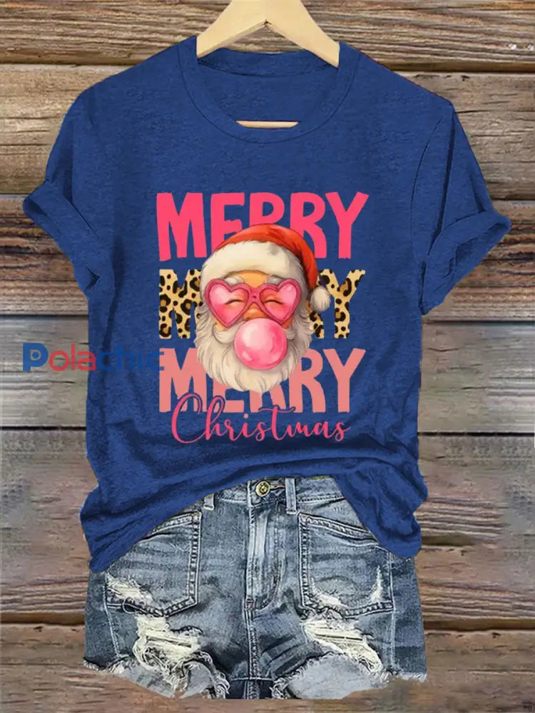 Merry Christmas Santa Claus Print Casual Tee-shirt pour femmes Bleu Marine / S