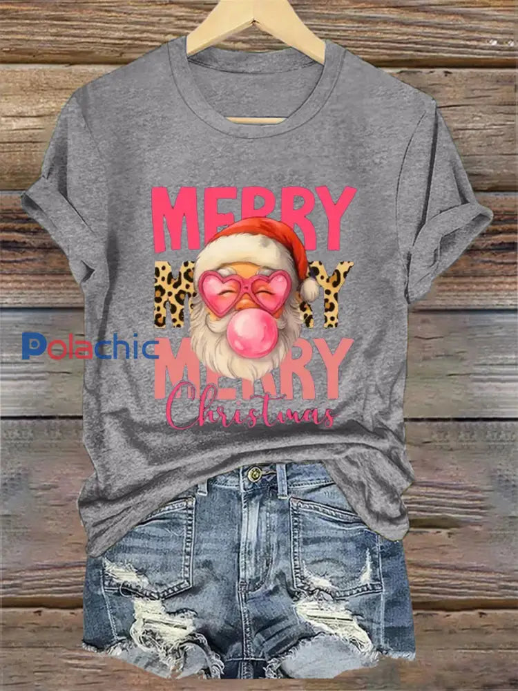 Merry Christmas Santa Claus Print Casual Tee-shirt pour femmes Gris Clair / S