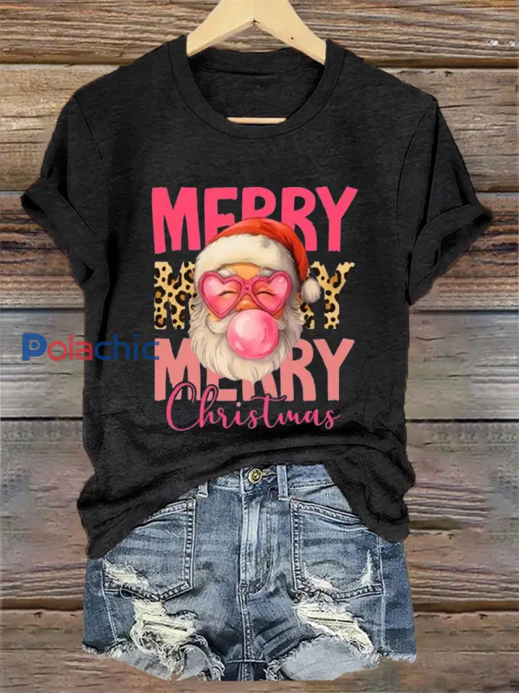 Merry Christmas Santa Claus Print Casual Tee-shirt pour femmes Noir / S