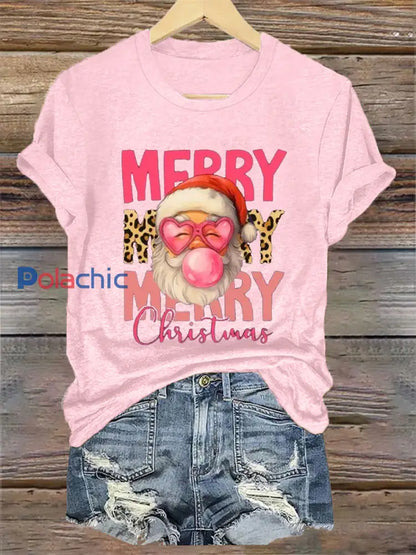 Merry Christmas Santa Claus Print Casual Tee-shirt pour femmes Rose / S