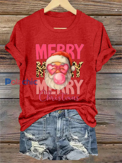 Merry Christmas Santa Claus Print Casual Tee-shirt pour femmes Rouge / S