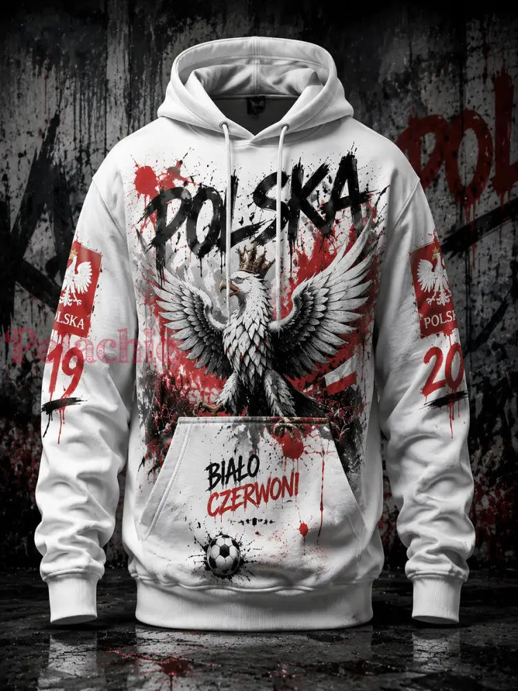 Męska bluza graficzna z kapturem w stylu polskiej piłki nożnej - Biały / S