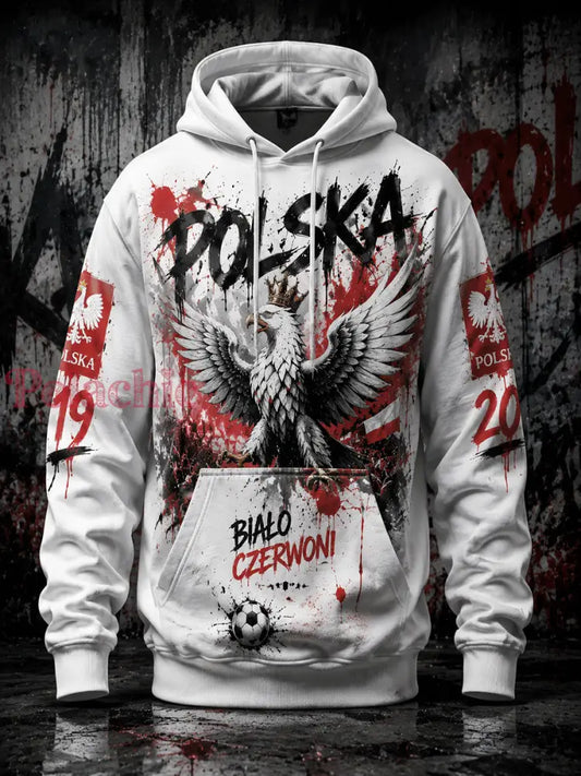 Męska bluza graficzna z kapturem w stylu polskiej piłki nożnej - Biały / S