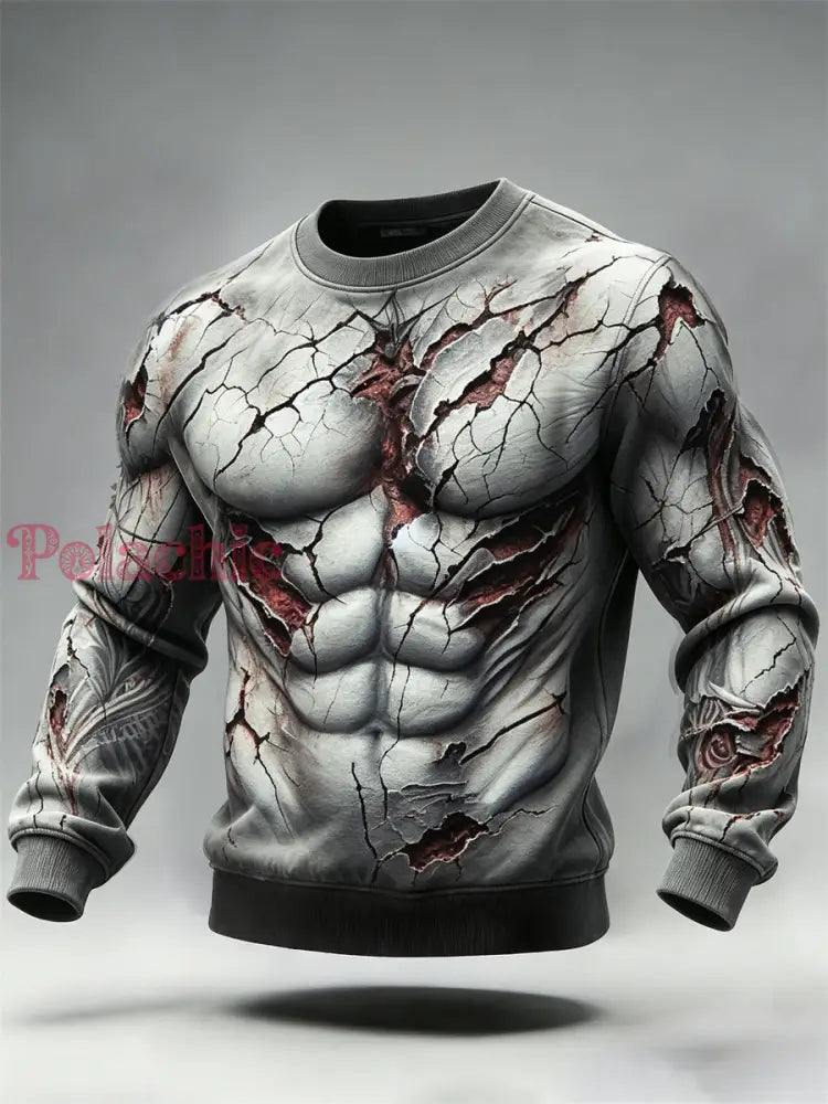Męska bluza z dekoltem na Halloween Zombie Muscle Print - Szary / S