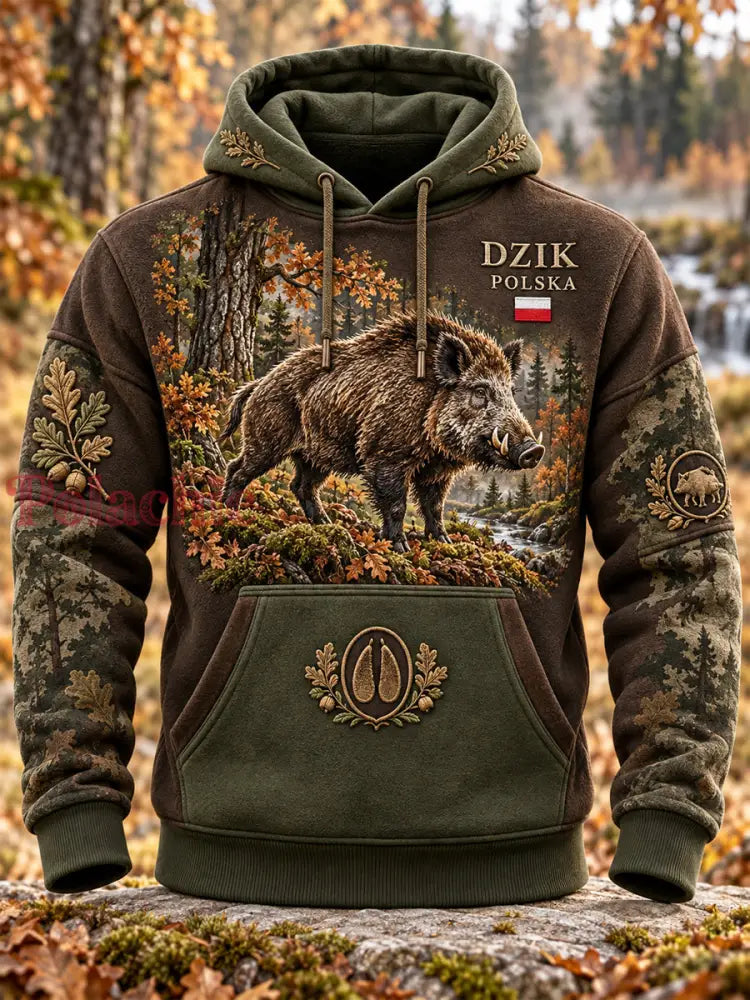 Męska bluza z kapturem w stylu oversized z opuszczonymi ramionami i kieszeniami inspirowana kulturą sezonu polowań - A