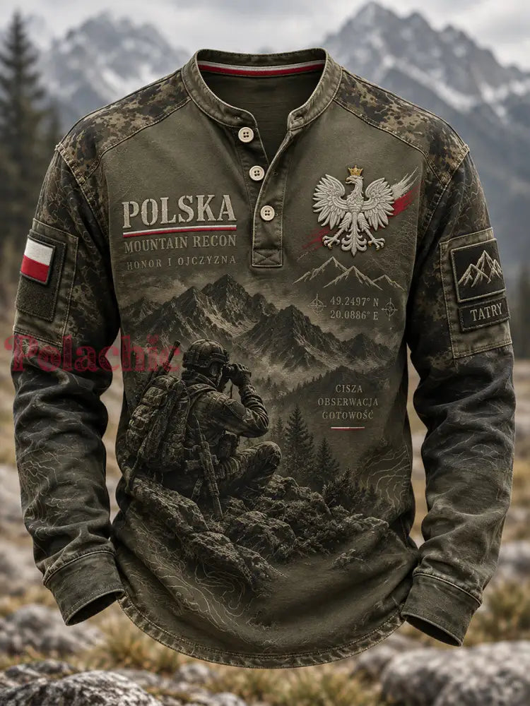 Męska koszulka z guzikami w stylu polskiej kultury wojskowej na co dzień - A / S
