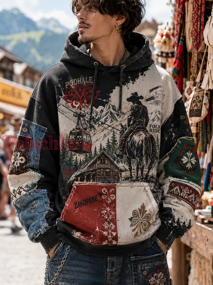 Męski bluza z kapturem w stylu oversize z opadającymi ramionami i kieszeniami przedstawiająca góry Zakopane w Polsce