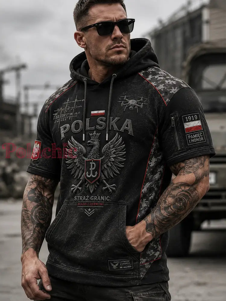 Męski casualowy bluza z kapturem i krótkim rękawem wojsk polskich - A / S