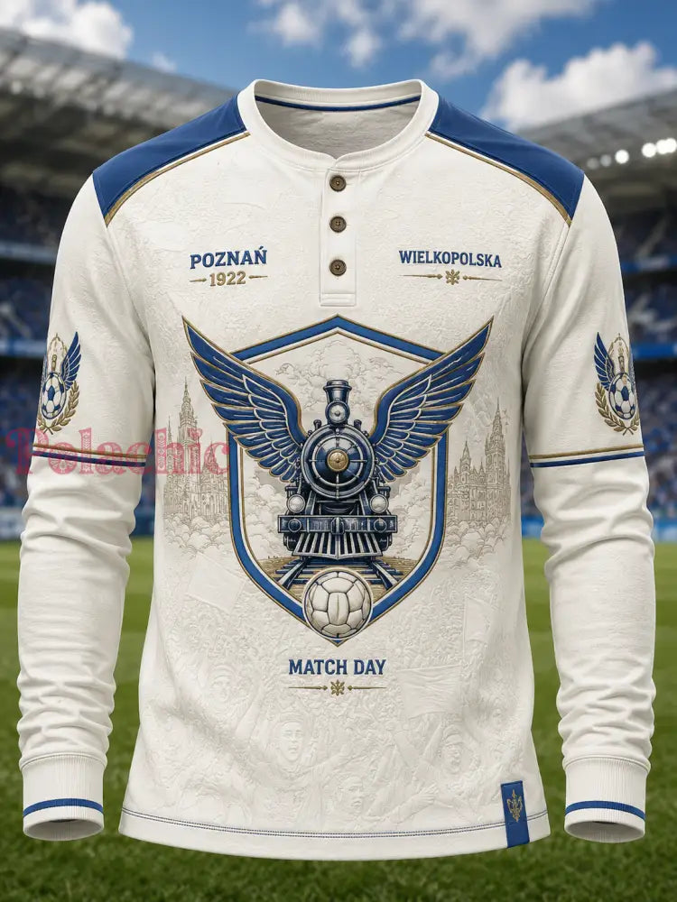 Męski polski koszulowy t-shirt piłkarski Kolejorz na co dzień z guzikami - A / S