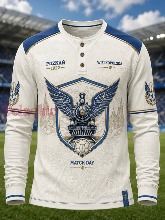Męski polski koszulowy t-shirt piłkarski Kolejorz na co dzień z guzikami - A / S