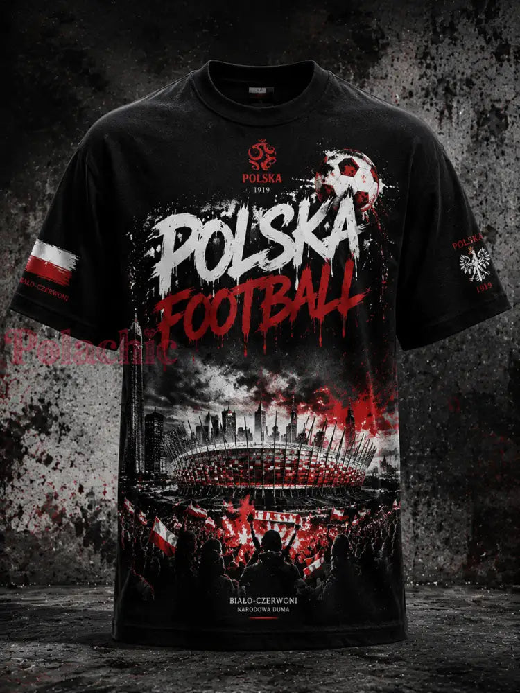 Męski polski t-shirt z wzorem piłkarskim - Czarny / S
