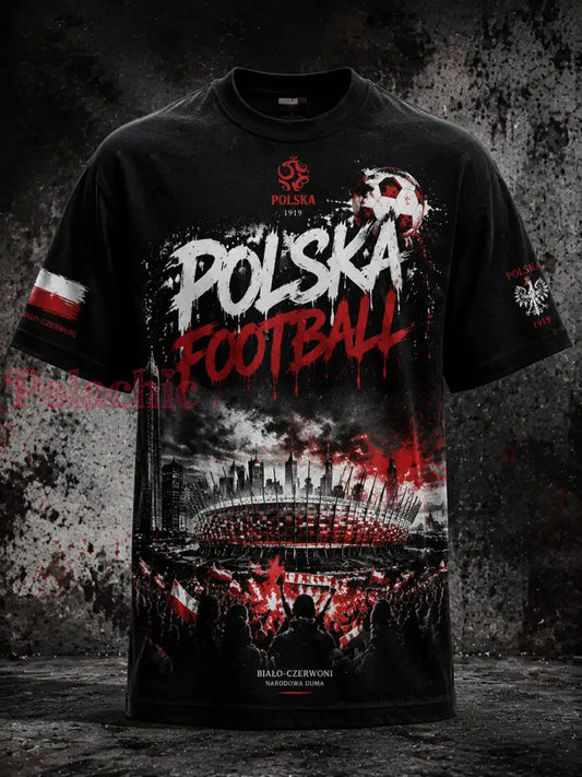 Męski polski t-shirt z wzorem piłkarskim - Czarny / S